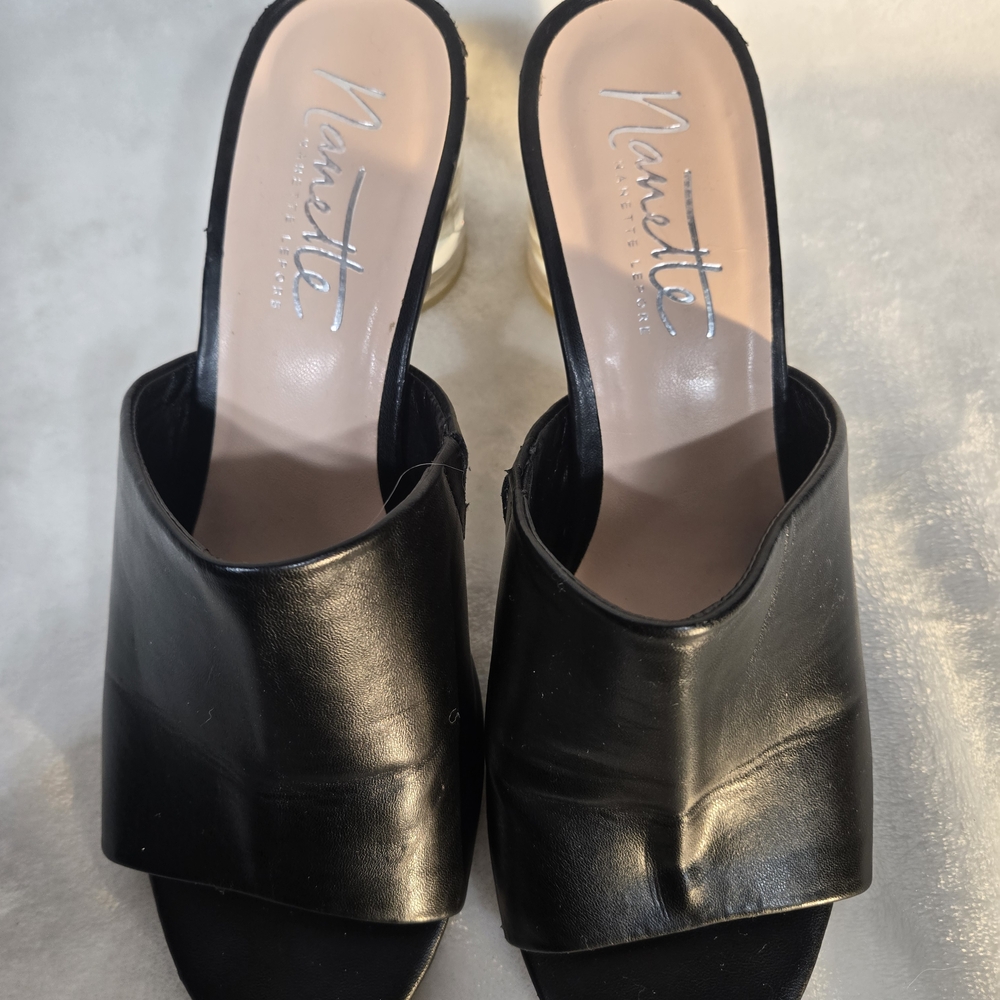 Black Slide Sandals with Floral Heel - Picture 3 of 9